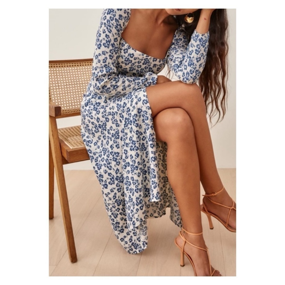 REFORMATION Sigmund Milonesa Blue White Floral Long Sleeve Slit Midi Dress Sz 24 - Picture 6 of 15
